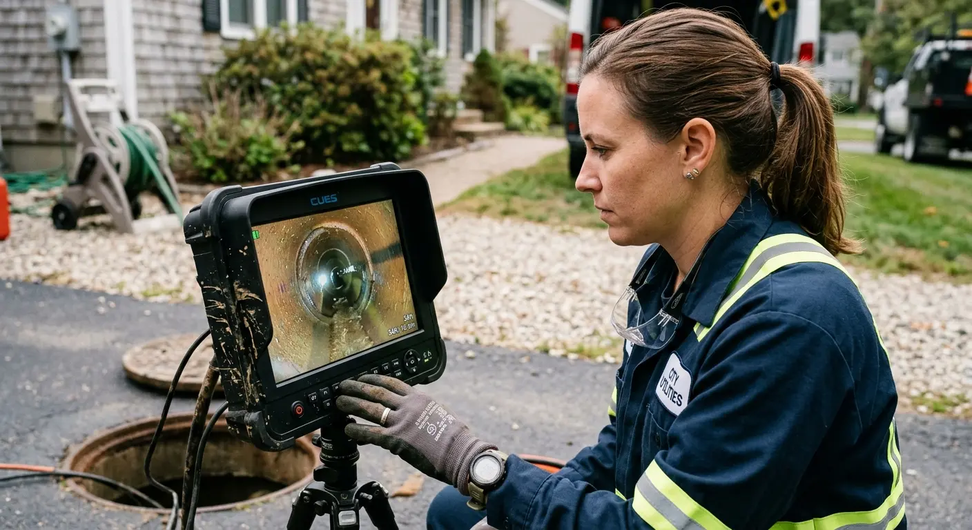 Technician reviewing sewer camera inspection footage in Niles
