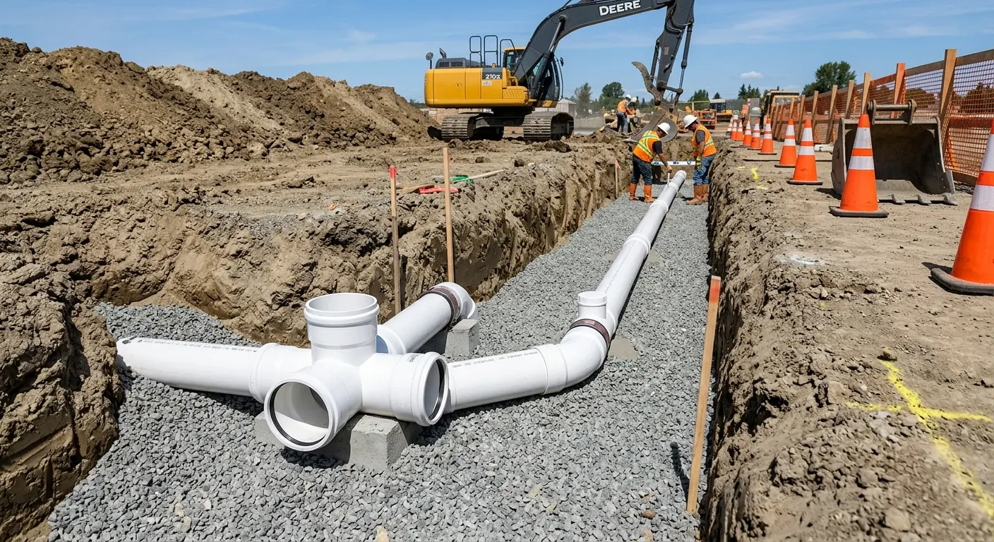 New PVC sewer pipe installation in open trench for Commercial Drain Cleaning in Niles