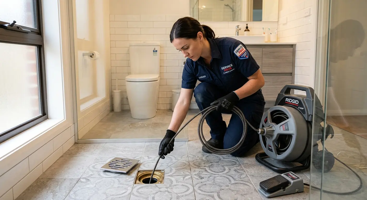 Technician clearing a bathroom floor drain for Sewer Line Replacement in Niles